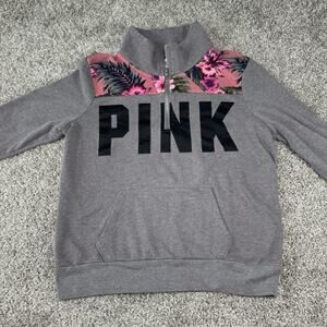 Victorias Secret Pink Sweatshirt Womens Medium Quarter Zip Gray Floral Tropical